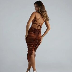Copper Formal Satin Lace-Up Midi Dress
